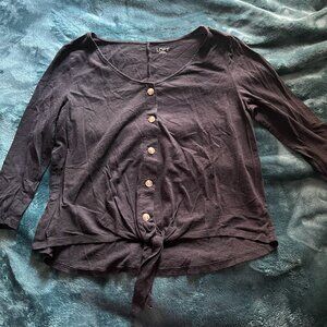 LOFT Black Button Long Sleeve Shirt with Tie Front